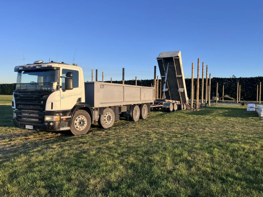 Waghorn Contracting Scania truck and tipping trailer on a rural Canterbury site